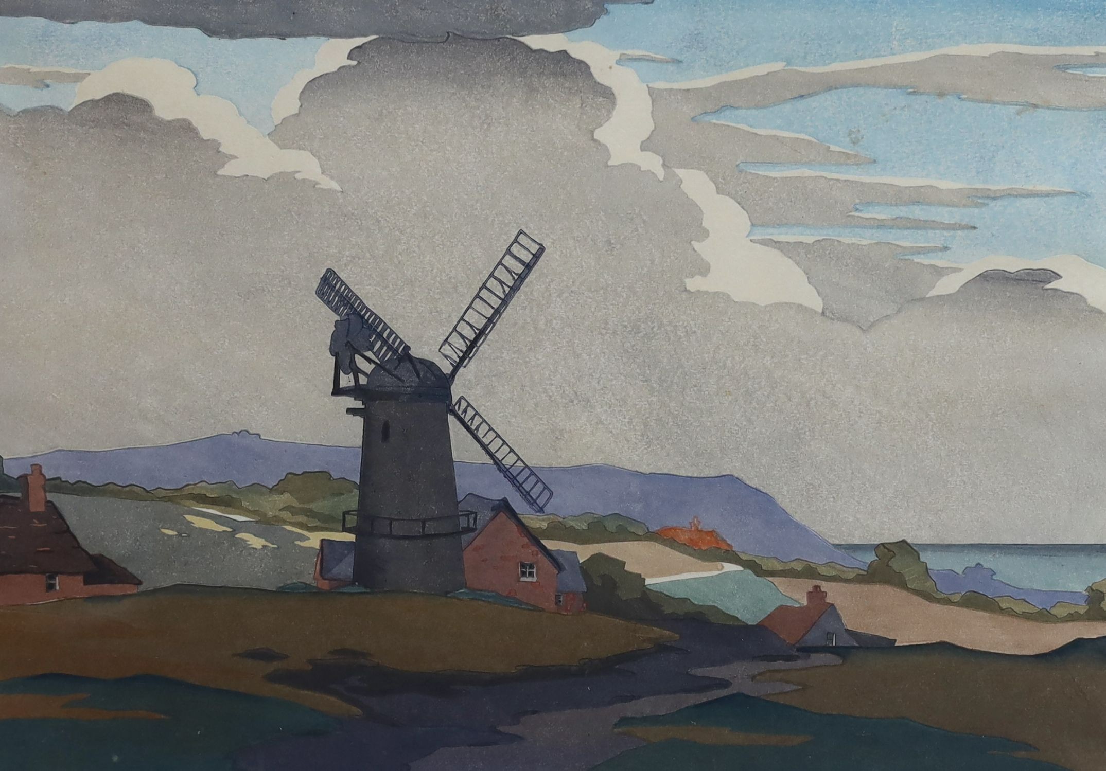 Eric Slater (1896-1963), 'A Sussex Mill', woodcut in colours, 25.5 x 34.5cm